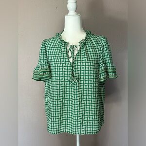 Max Studio Women Sz M Green/Daisy Print Dressy Blouse Top Short Sleeve Pullov